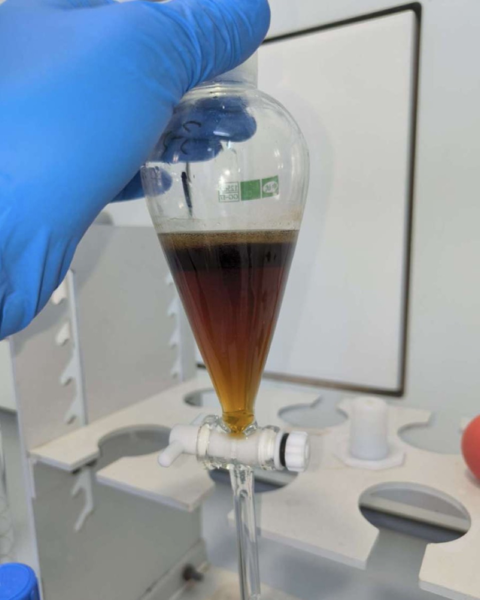 A ragged band of the organic third phase (crud) forming between the organic and aqueous layers in a copper solvent-extraction settler